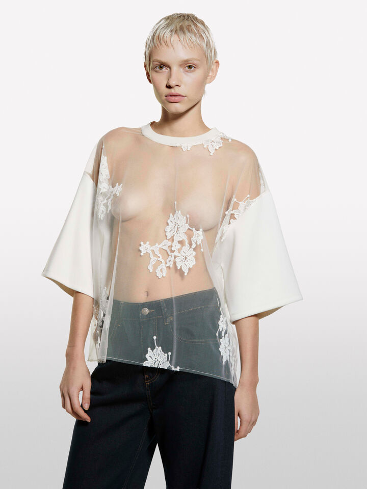 T-shirt bianco panna in pizzo  - t-shirt a manica corta da donna - Bianco Panna | Sisley image number 3